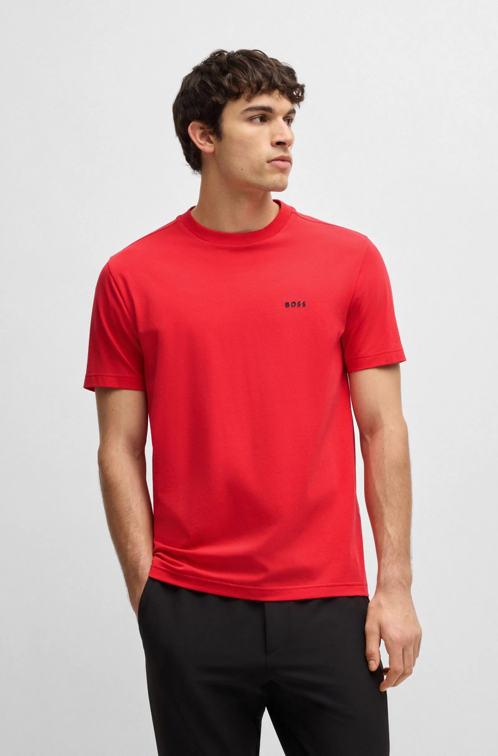 Men's Stretch Cotton Regular Fit T-Shirt With Contrast Logo Hugo Boss - Tops and Bottoms USA