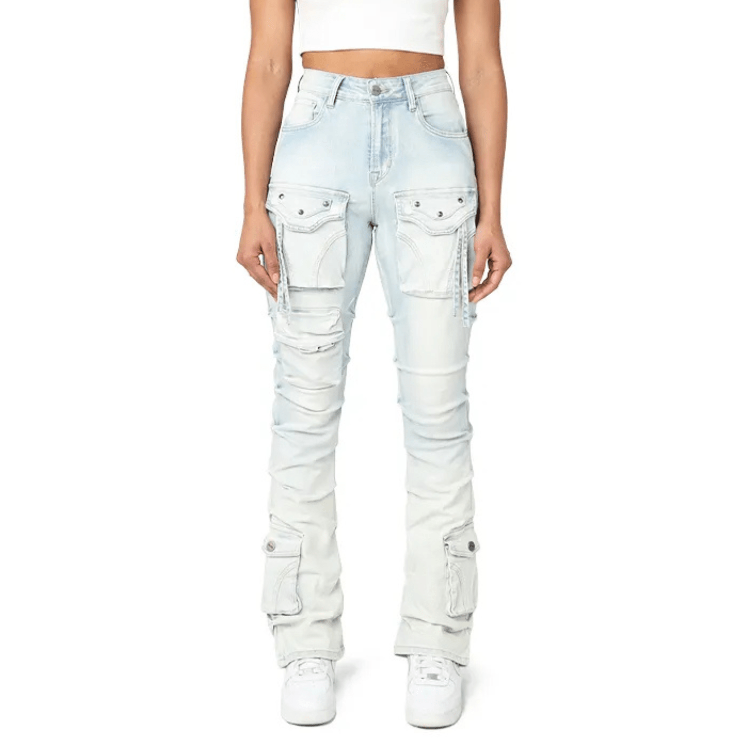 Women's High Rise Lightening Wash Stacked Jeans Pant