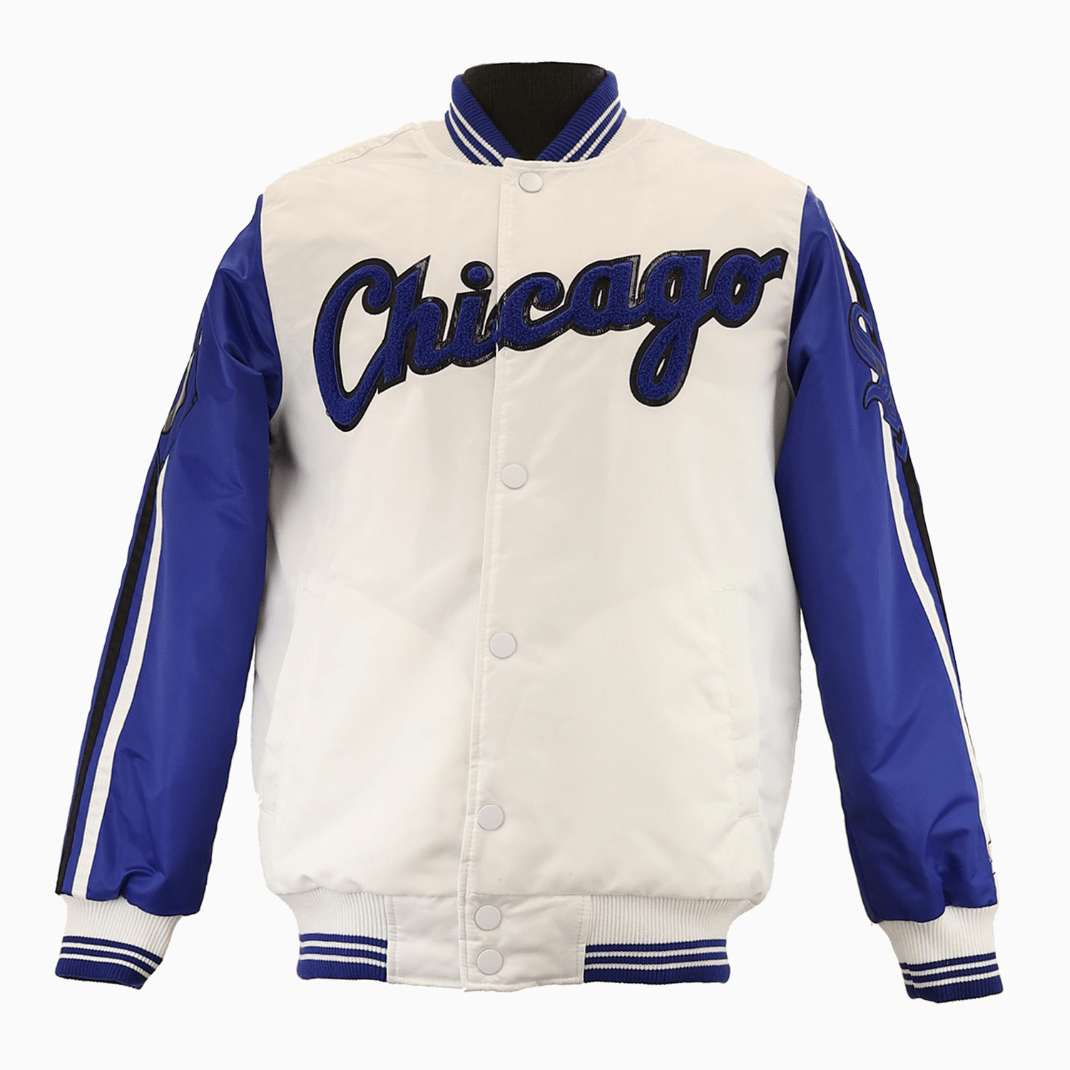 Starter Men's Chicago White Sox MLB Varsity Satin Jacket - Color: Blue White - Tops and Bottoms USA -