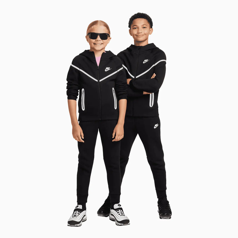 Kid's Sportswear Tech Fleece Windrunner Tracksuit (Black Reflective Silver) featuring reflective details, zippered storage, and extra fabric for easy movement