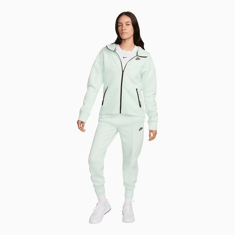 Women's Sportswear Tech Fleece Windrunner Tracksuit (Barely Green Black) featuring a paneled hood, ribbed ankle cuffs, and zippered pockets