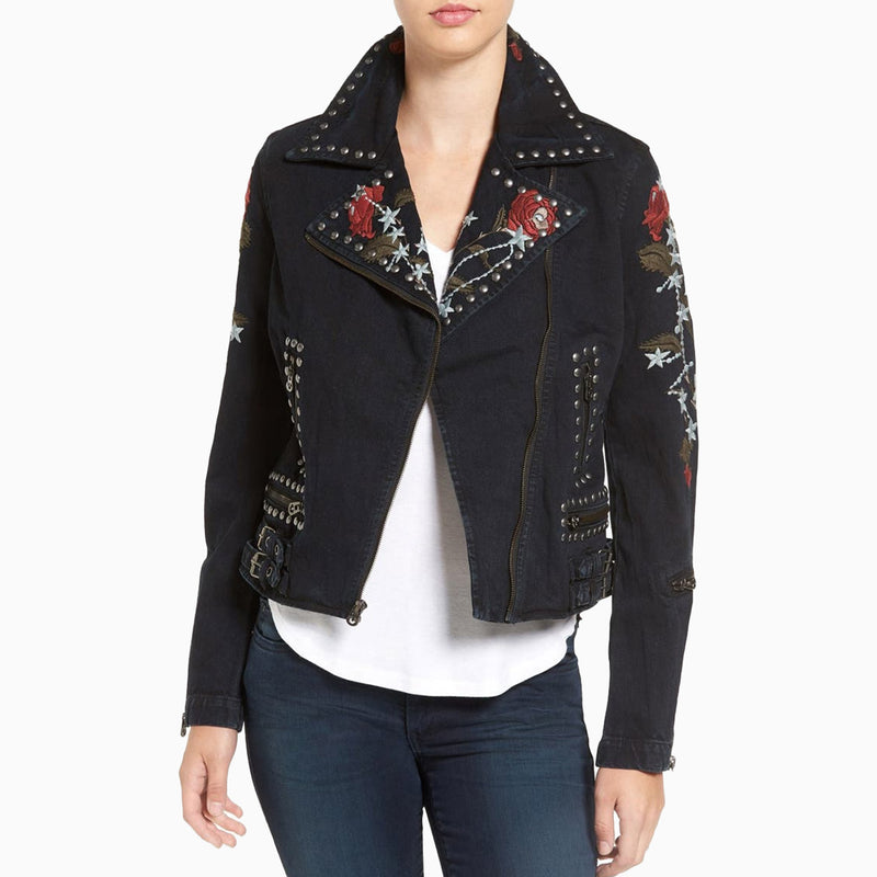 True Religion Women's Embroidered Denim Moto Jacket